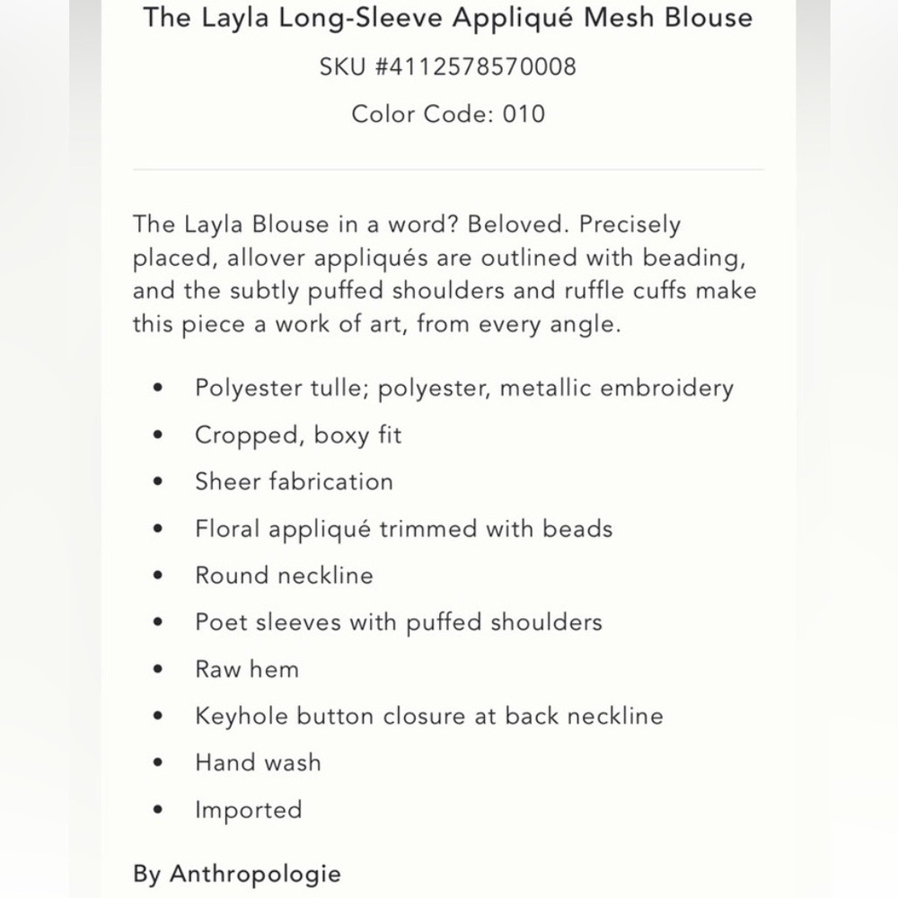 Anthropologie The Layla Long Sleeve Appliqué Mesh Blouse - Picture 5 of 6